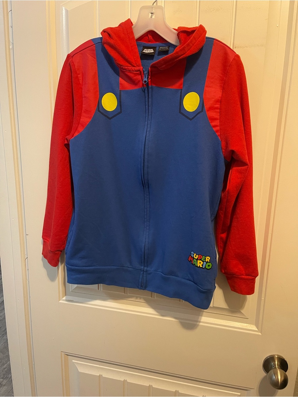Nintendo Super Mario Blue and Red Hooded Zip Hoodie XLarge Jacket Yellow Accents